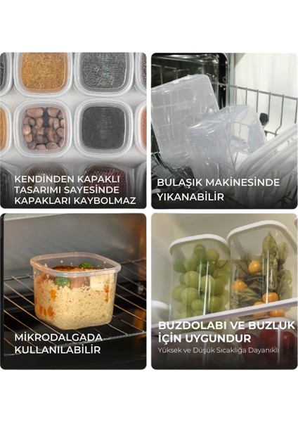 12'Li Kendinden Kendinden Kapaklı Kare Saklama Kabı, Erzak, Baharat 1,15 Litre