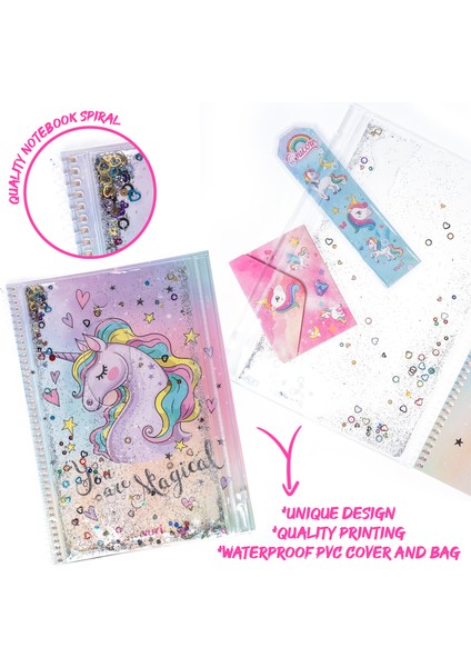 Unicorn Simli ve Sulu Kapaklı Kalem Kutulu A4 Defter