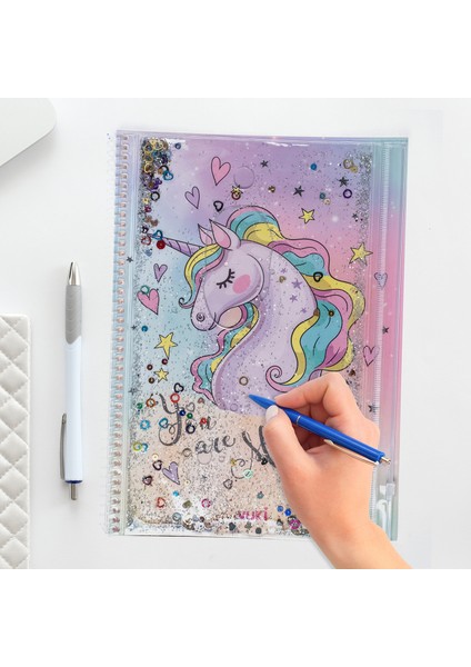 Unicorn Simli ve Sulu Kapaklı Kalem Kutulu A4 Defter