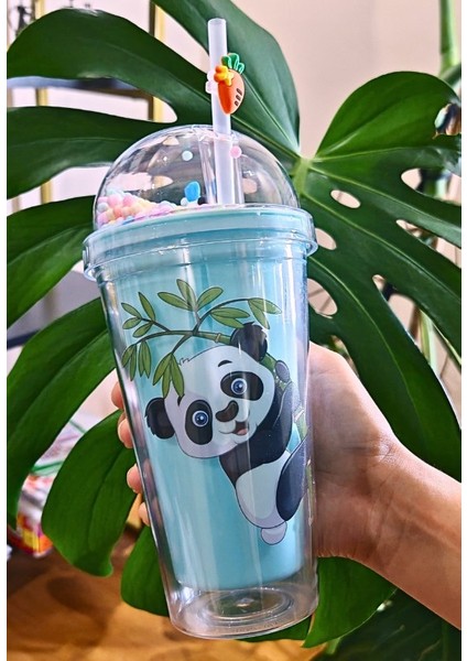 Sevimli Panda Temalı Çift Katman 450ML Suluk Pipetli Mika Matara MAVI 2770