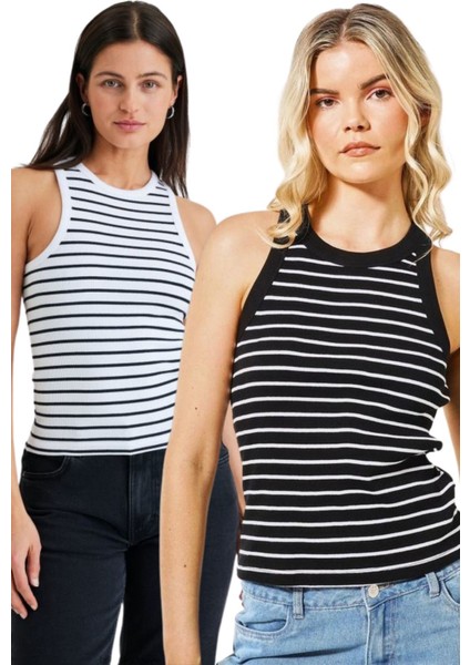 Wak Kadın Siyah Beyaz Çizgili Ikili Paket Halter Yaka Basic Bluz