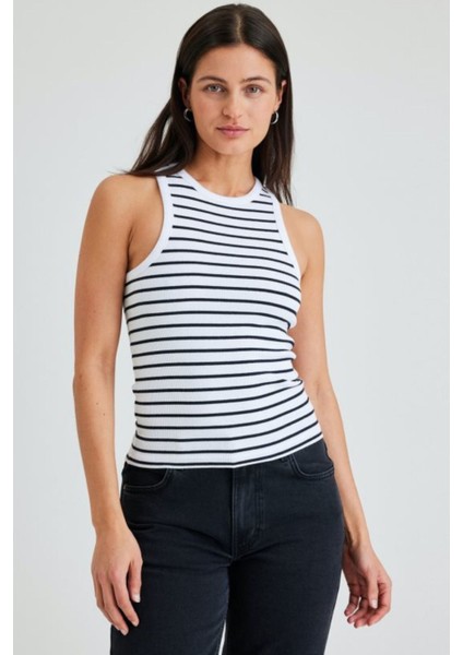 Wak Kadın Siyah Beyaz Çizgili Ikili Paket Halter Yaka Basic Bluz fiyatları