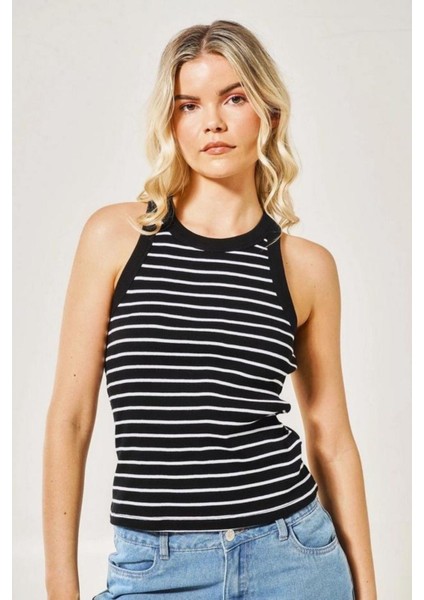 Wak Kadın Siyah Beyaz Çizgili Ikili Paket Halter Yaka Basic Bluz modelleri
