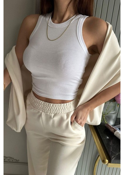 Wak Kadın Beyaz Halter Yaka Fitilli Crop Bluz fiyatları