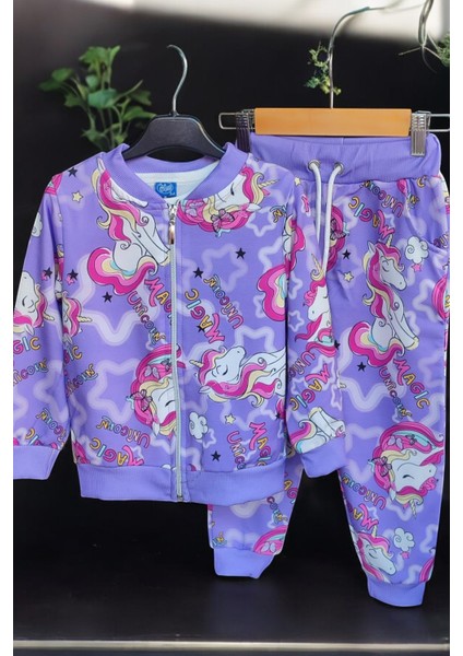 Kız Çocuk Unicorn Temalı Üçlü Takım Kız Çocuk Hırkalı Takım