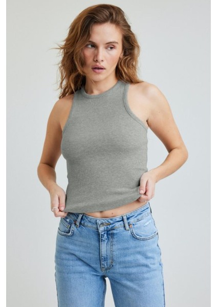 Wak Kadın Gri Halter Yaka Fitilli Crop Bluz
