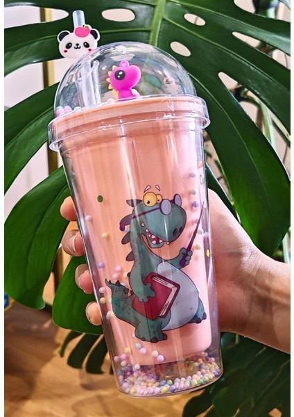 Sevimli Dino Temalı Çift Katman 450 ml Suluk Pipetli Mika Matara Pembe 2769