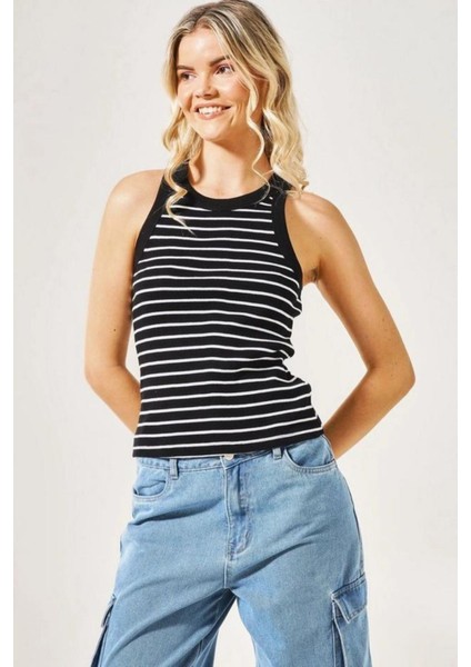 Wak Kadın Siyah Çizgili Halter Yaka Basic Bluz modelleri