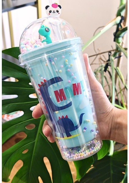 Sevimli Dino Temalı Çift Katman 450 ml Suluk Pipetli Mika Mavi 2769