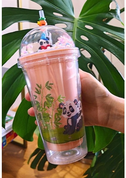 Sevimli Panda Temalı Çift Katman 450 ml Suluk Pipetli Mika Matara Pembe 2770