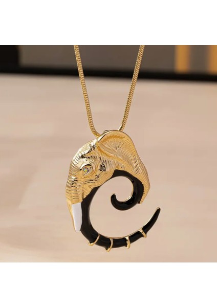 Gold Siyah Renk Detaylı Fil Model Tasarım Kolye