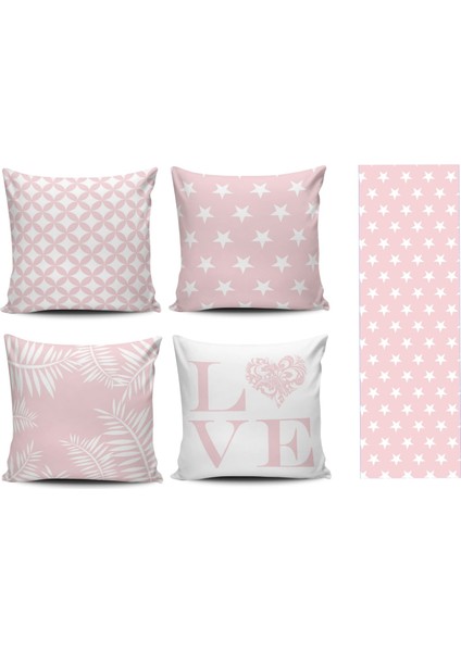 Pudra Renkli Özel Tasarım 4lü Kombin Kırlent Kılıfı+Runner