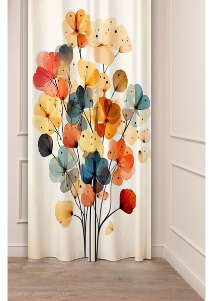 Çiçek Yaprak Desenli Dijital Baskılı Tek Kanat Bohem Fon Perde