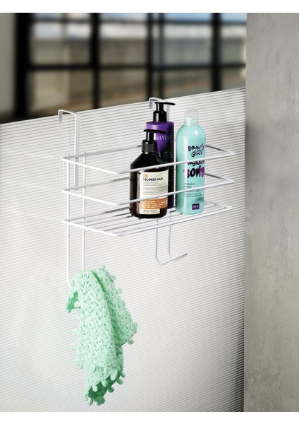 Paslanmaz Beyaz Askılı Banyo Duş Rafı - Sabunluk ve Şampuanlık