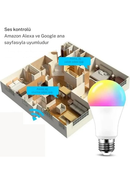 Akıllı Ampül 9W Mobil Uygulama Kontrollü Rgb Renkler Gece Lambası Çocuk Odası Dekoratif