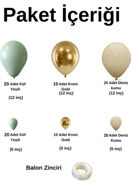 Doğum Günü Konsepti *küf Yeşili*krom Gold*deniz Kumu* 100 Lü Balon Zinciri Parti Seti