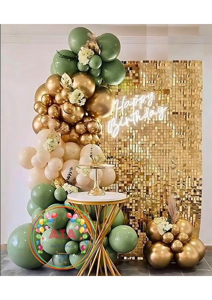 Doğum Günü Konsepti *küf Yeşili*krom Gold*deniz Kumu* 100 Lü Balon Zinciri Parti Seti