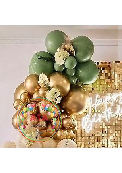 Doğum Günü Konsepti *küf Yeşili*krom Gold*deniz Kumu* 100 Lü Balon Zinciri Parti Seti