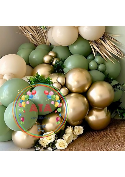 Doğum Günü Konsepti *küf Yeşili*krom Gold*deniz Kumu* 100 Lü Balon Zinciri Parti Seti