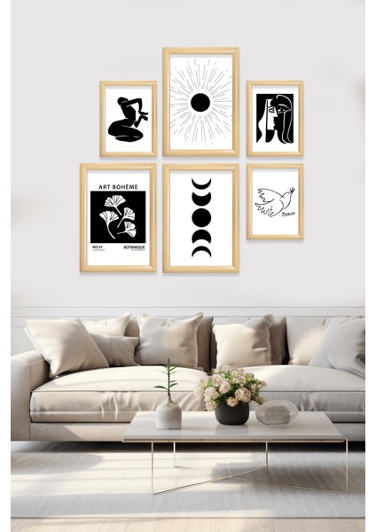 Art Deco Minimal 6'lı Çerçeveli Camlı 6'lı Tablo Seti