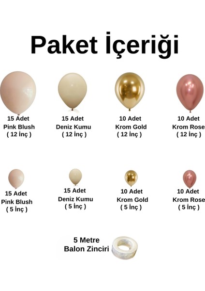 Doğum Günü Konsepti *retro Pembe*bej*krom Rose Gold*krom Gold* 100 Lü Balon Zinciri Parti Seti