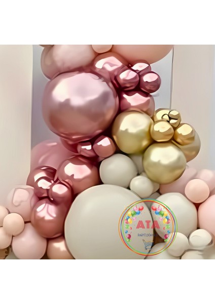 Doğum Günü Konsepti *retro Pembe*bej*krom Rose Gold*krom Gold* 100 Lü Balon Zinciri Parti Seti