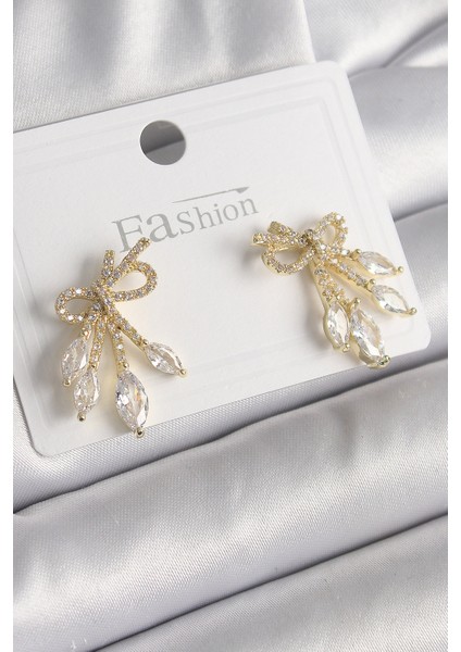 Pirinç Gold Renk Zirkon Taşlı Düğüm Model Damla Zirkon Taşlı Kadın Küpe - EBJ250113W30493