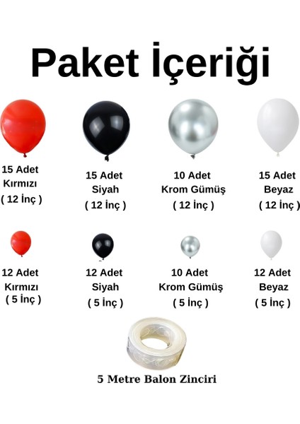 Doğum Günü Konsepti *krom Gümüş*kırmızı*siyah*beyaz* 100 Lü Balon Zinciri Parti Seti