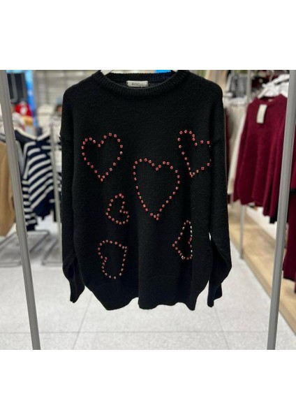 JOshine Kadin Siyah kirmizi Tasli kalp desenli Triko Kazak