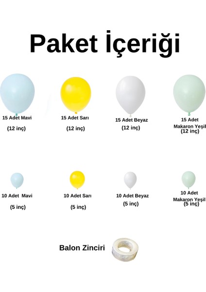Doğum Günü Konsepti *mavi*sarı*beyaz*makaron Yeşil* 100 Lü Balon Zinciri Parti Seti