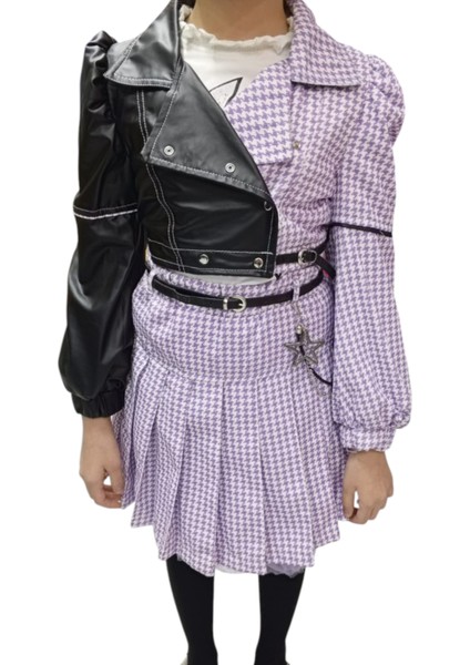 Kız Çocuk Deri Detaylı Uzun Kol Badili Etekli Kemer Aksesuarlı Mor Renk Üçlü Etekli Takım