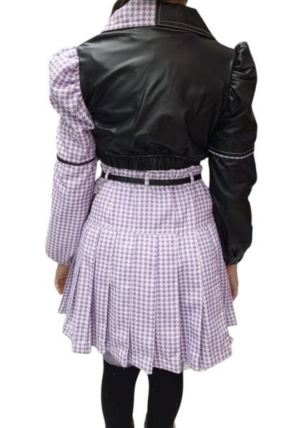 Kız Çocuk Deri Detaylı Uzun Kol Badili Etekli Kemer Aksesuarlı Mor Renk Üçlü Etekli Takım fiyatları