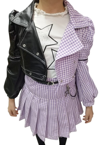 Kız Çocuk Deri Detaylı Uzun Kol Badili Etekli Kemer Aksesuarlı Mor Renk Üçlü Etekli Takım modelleri