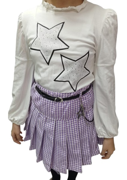 Kız Çocuk Deri Detaylı Uzun Kol Badili Etekli Kemer Aksesuarlı Mor Renk Üçlü Etekli Takım indirimleri