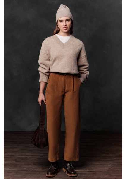 Fitilli Kadife Baggy Pantolon Kiremit