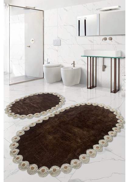 Gülruba Oval Kahve Çeyizlik Dantelli 2'li Banyo Paspası Seti Kaymaz Tabanlı Klozet Takımı