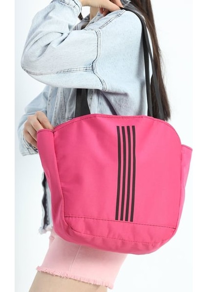 Pembe Yumuşak Bez Kumaş Kol ve Omuz Çantası Ağzı Fermuarlı Kadın Çanta Çizgili modelleri
