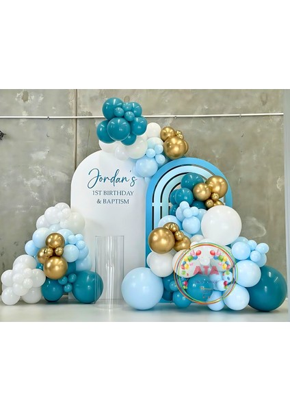 Doğum Günü Konsepti *makaron Mavi*krom Gold*derin Okyanus*beyaz* 100 Lü Balon Zinciri Parti Seti