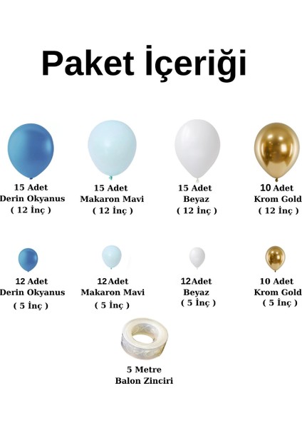 Doğum Günü Konsepti *makaron Mavi*krom Gold*derin Okyanus*beyaz* 100 Lü Balon Zinciri Parti Seti