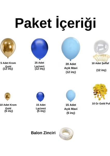 Doğum Günü Konsepti *krom Gold*lacivert*açık Mavi*şeffaf*gold Pul* 100 Lü Balon Zinciri Parti Seti fiyatları