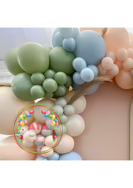 Doğum Günü Konsepti *okaliptus*makaron Mavi*makaron Somon*sütlü Kahve* 100 Lü Balon Zinciri Parti Seti