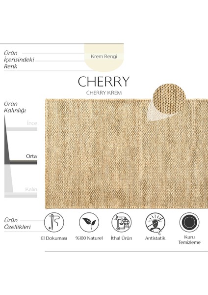 Cherry Krem Natural Jüt Halı El Dokuma Doğal Iplik Örgü Hasır Halı Naturel Jüt Kilim