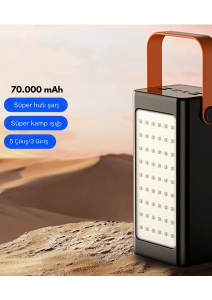 70.000 Mah LED Aydınlatmalı Taşıma Askı Hızlı Şarj 22,5W Powerbank 4xusb Micro,lıghtnıng,typc Giriş