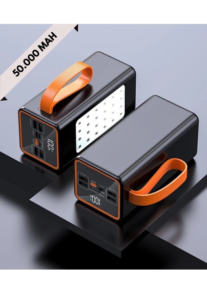 50.000 Mah LED Aydınlatmalı Taşıma Askı Hızlı Şarj 22,5W Powerbank 4xusb Micro,lıghtnıng,typc Giriş