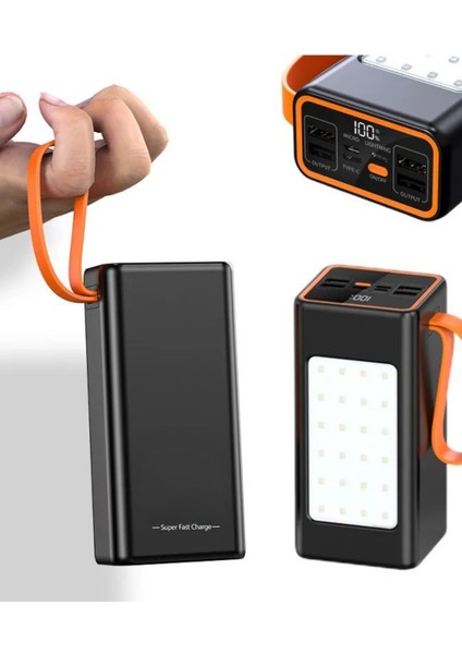 50.000 Mah LED Aydınlatmalı Taşıma Askı Hızlı Şarj 22,5W Powerbank 4xusb Micro,lıghtnıng,typc Giriş