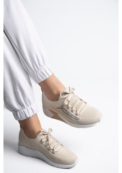 25Y301 Kadın Taşlı Casual Sneaker Ayakkabı Bej