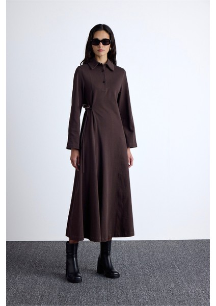 Premıum Örme Yakalı Elbise Kahverengi