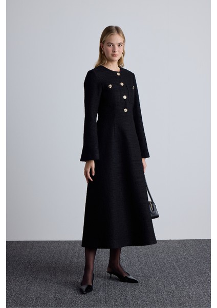 Dokulu Düğmeli Elbise Siyah