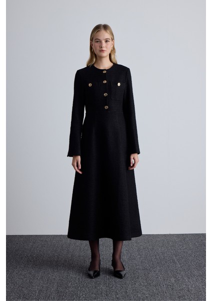 Dokulu Düğmeli Elbise Siyah modelleri