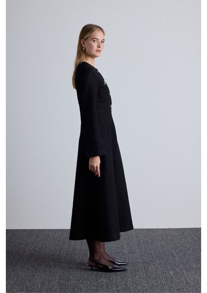 Dokulu Düğmeli Elbise Siyah fırsatları